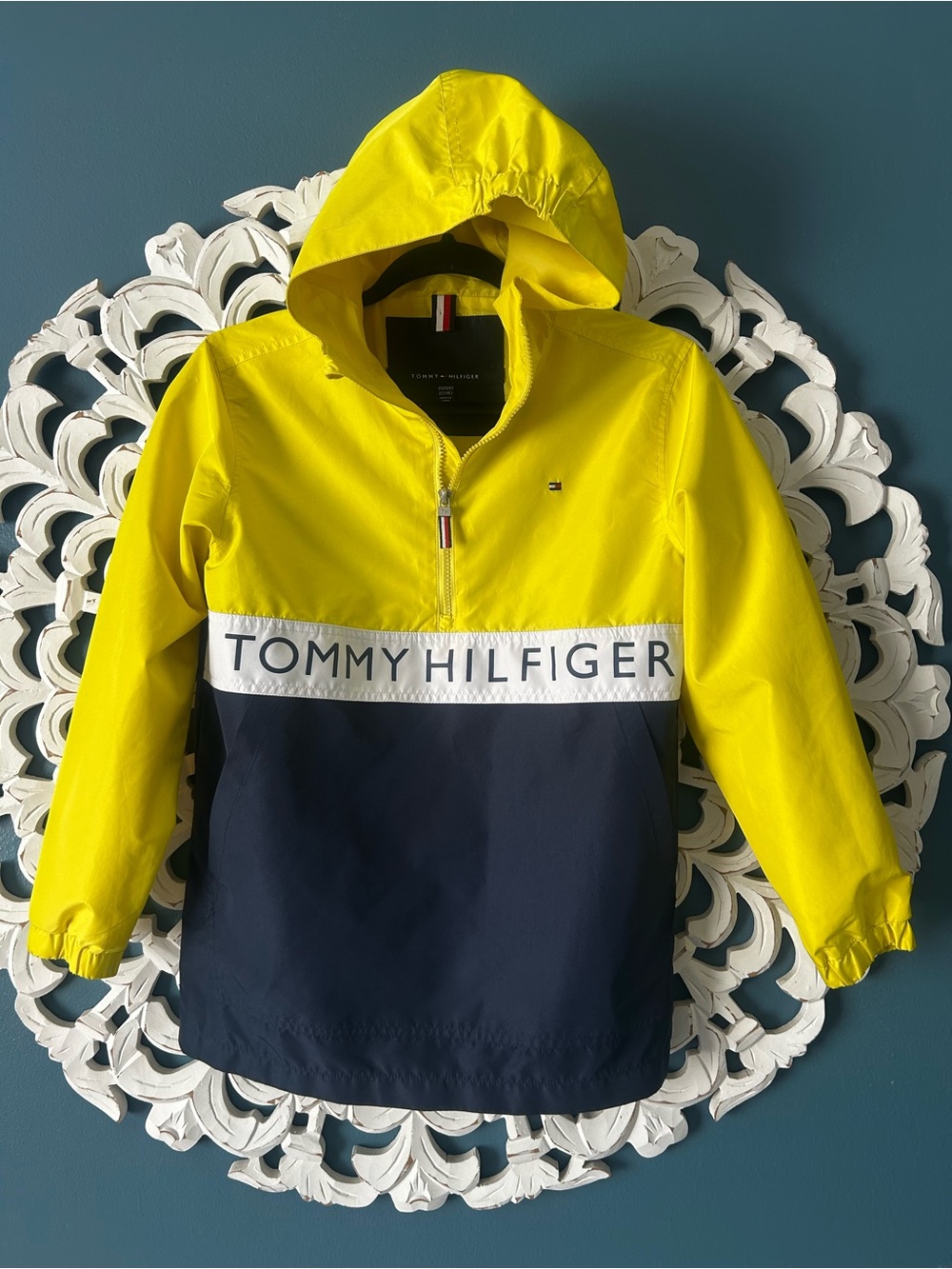 Tommy Hilfiger Big Kids' Popover Jacket a vibrant yellow navy blue color-block